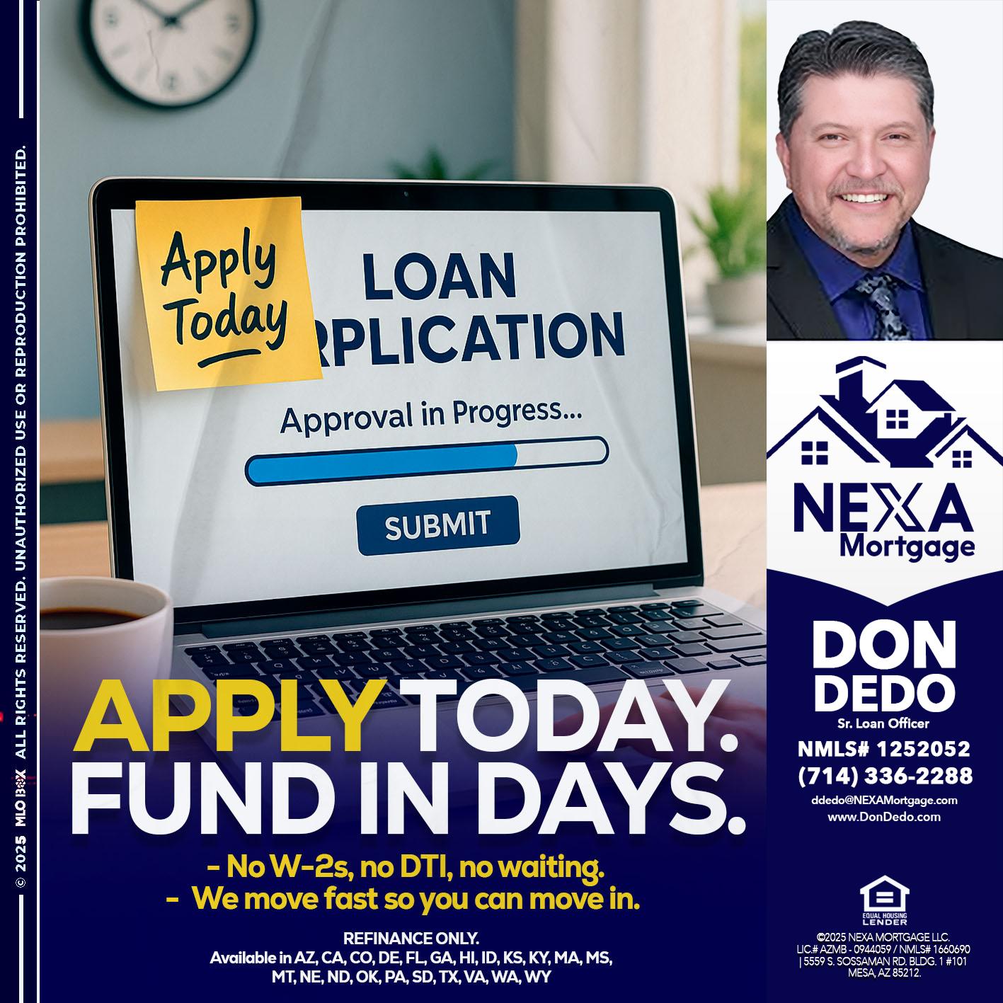 APPLY TODAY - Don Dedo -Mortgage Loan Originator