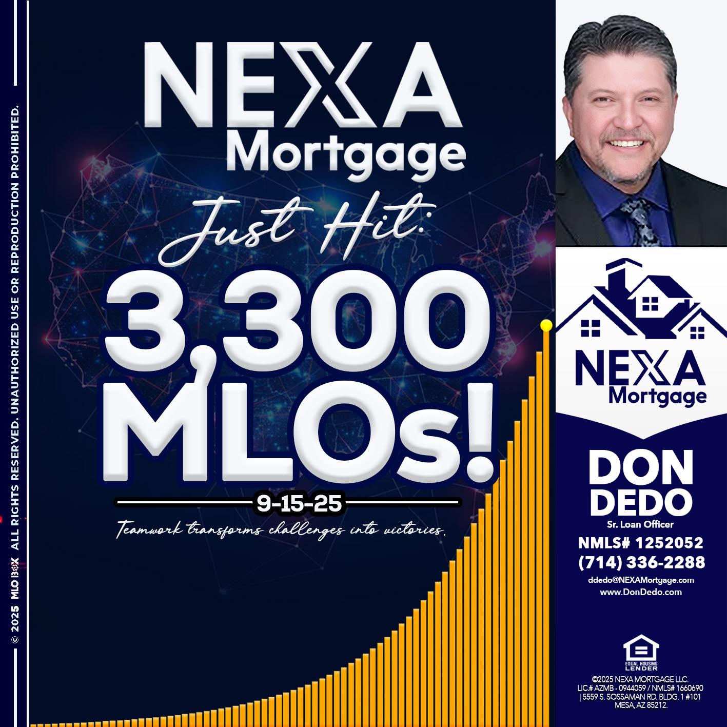 NEXA JUST HIT 3300 MLOS - Don Dedo -Mortgage Loan Originator