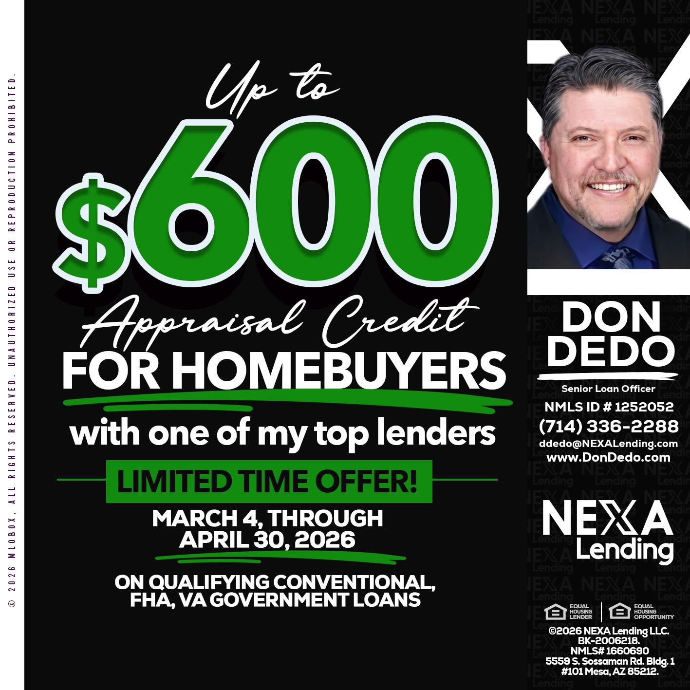 up to $600 - Don Dedo -Mortgage Loan Originator
